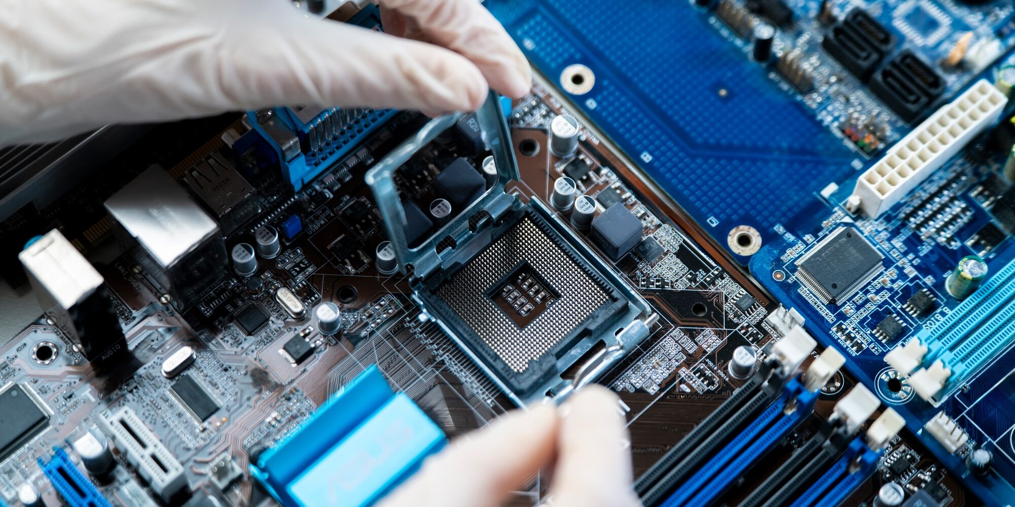 pcb motherboard of computer. cpu socket for processor chip