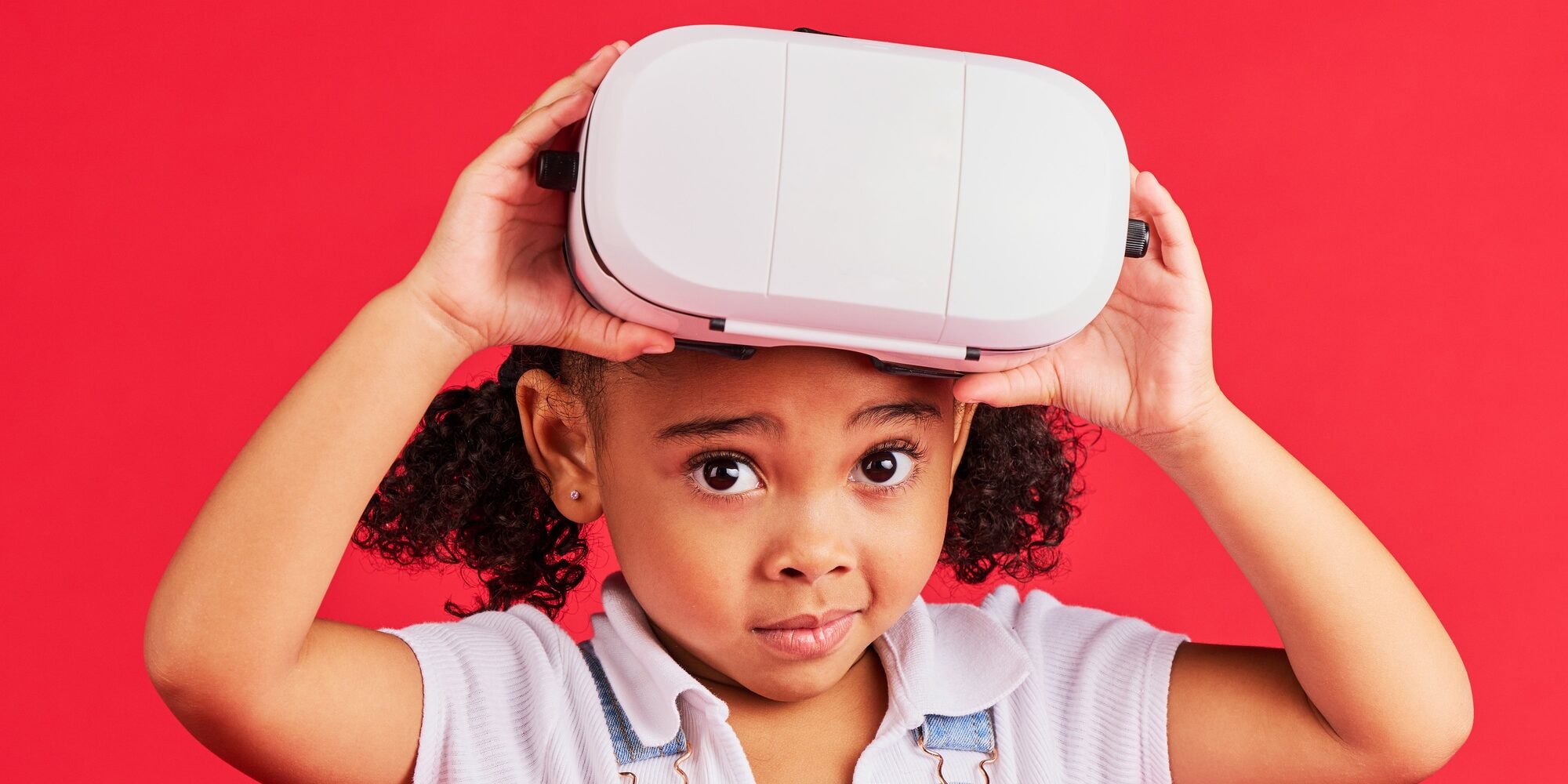 Portrait, virtual reality and metaverse for thinking child, 3d esports games or futuristic cyber ga