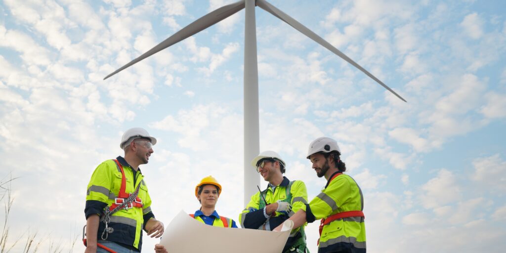Wind turbine maintenance engineer at wind farm construction site